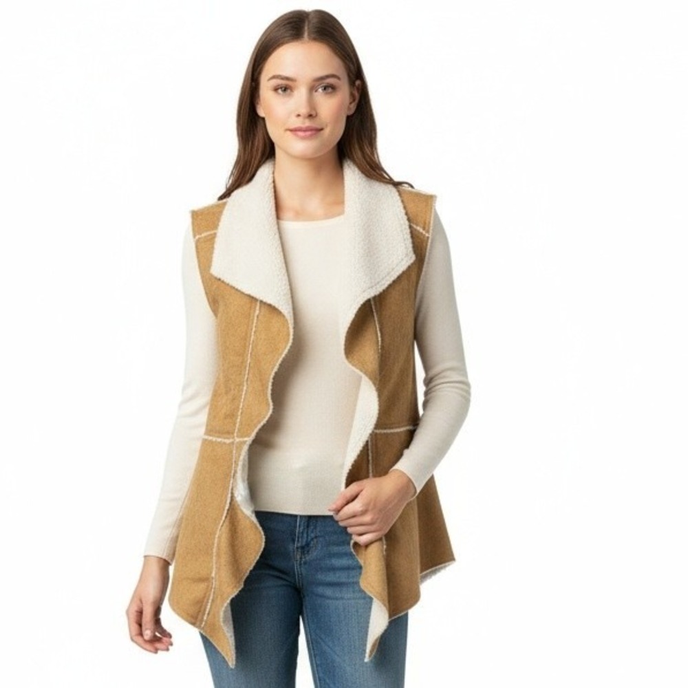 Vintage America Jeans Vest S Corn Faux Shearling‎ Open Front Cozy Boho Layering